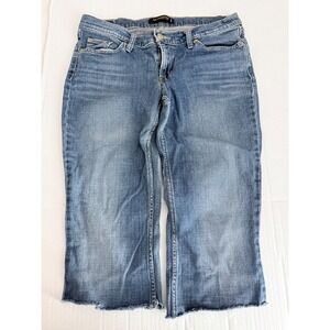 Levis 524 Too Superlow Jeans 11M Blue Denim Embroidered Raw Hem Capri Pants
